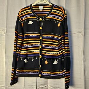 Vintage Berek Black Orange Striped Embellished Halloween Cardigan Sweater Large